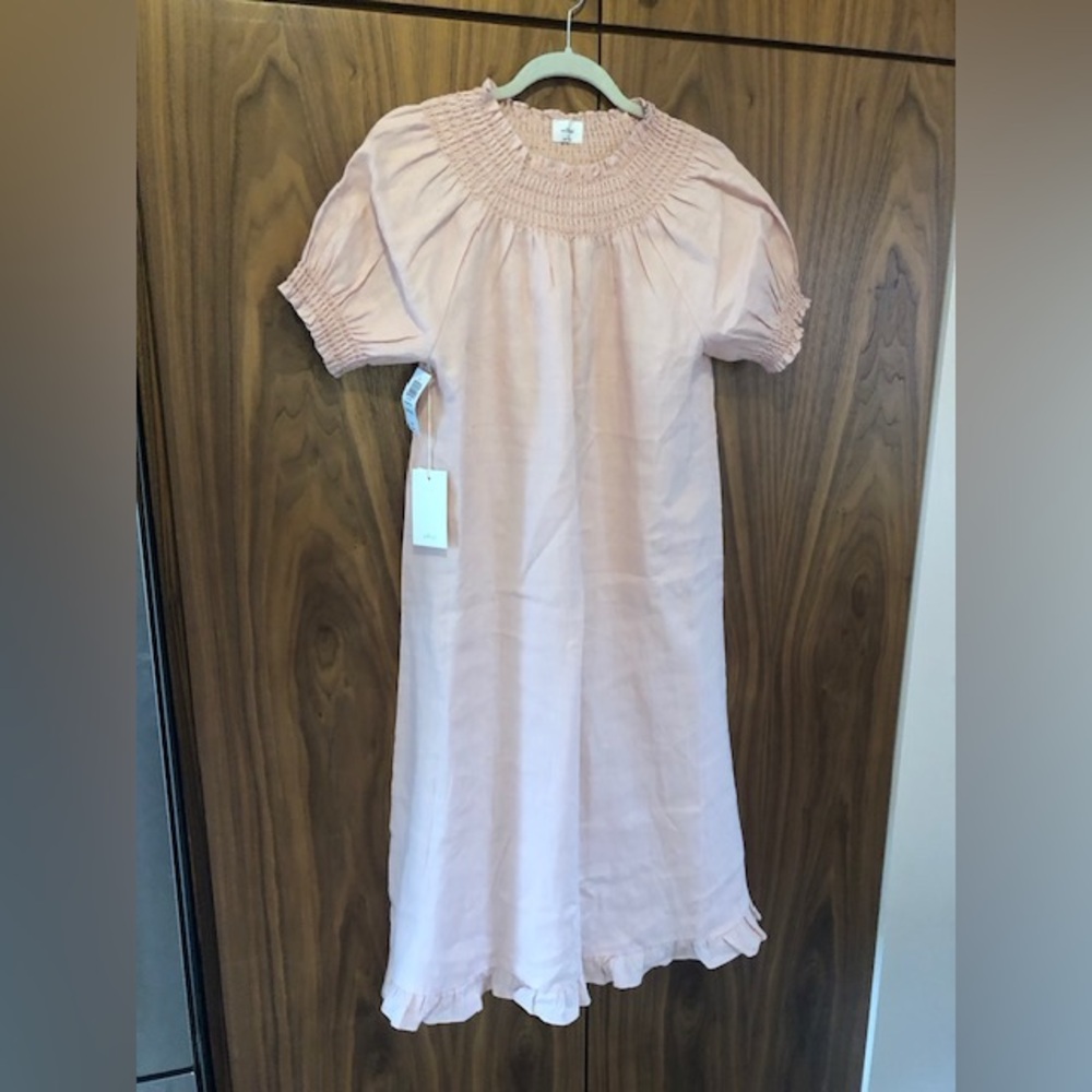 Pink Smocked Wilfred Linen Midi Dress
